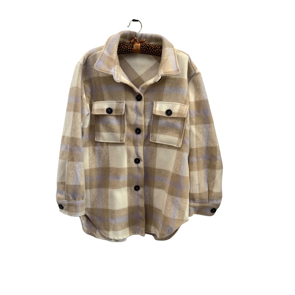 Veveret Plaid Shacket Womens Medium Cream Tan Lavender Button Front Jacket